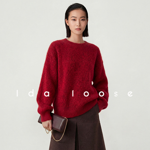 Ida loose马年新年热颂红100%美利奴绵羊毛拉绒宽松保暖红毛衣