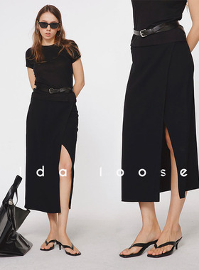 Ida loose 精明摩登三醋酸不对称开叉小黑裙半裙