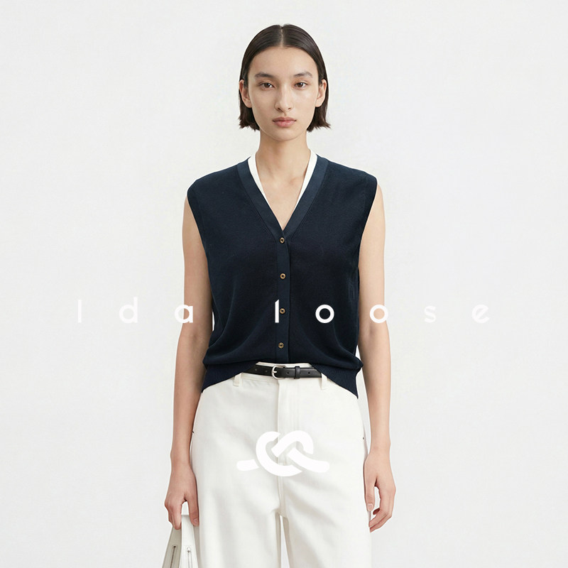 Ida loose 知性纯棉醋酸V领无袖假两件针织背心