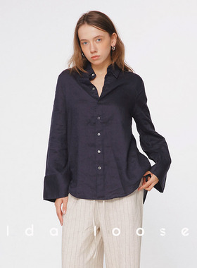 Ida loose 职场精英衣橱马蹄袖藏蓝廓形亚麻衬衫