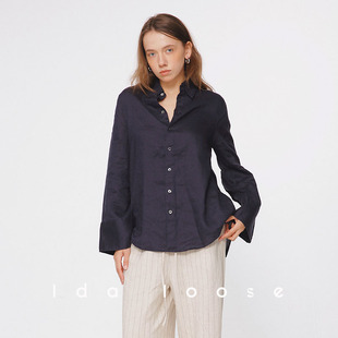 Ida loose 职场精英衣橱马蹄袖藏蓝廓形亚麻衬衫