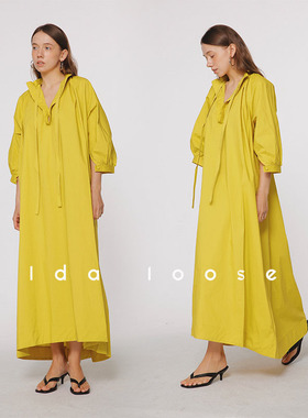 【范文芳同款】Idaloose植物系牛油果纯棉花苞慵懒廓形飘带连衣裙