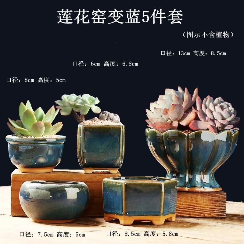 莲花窑变蓝网红套装多肉花盆陶瓷复古喷点素烧紫砂花盆栽包邮清仓
