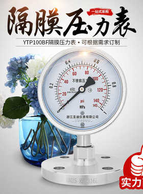 YTP100BF不锈钢耐震隔膜压力表法兰连接DN25 DN50 316L衬四氟