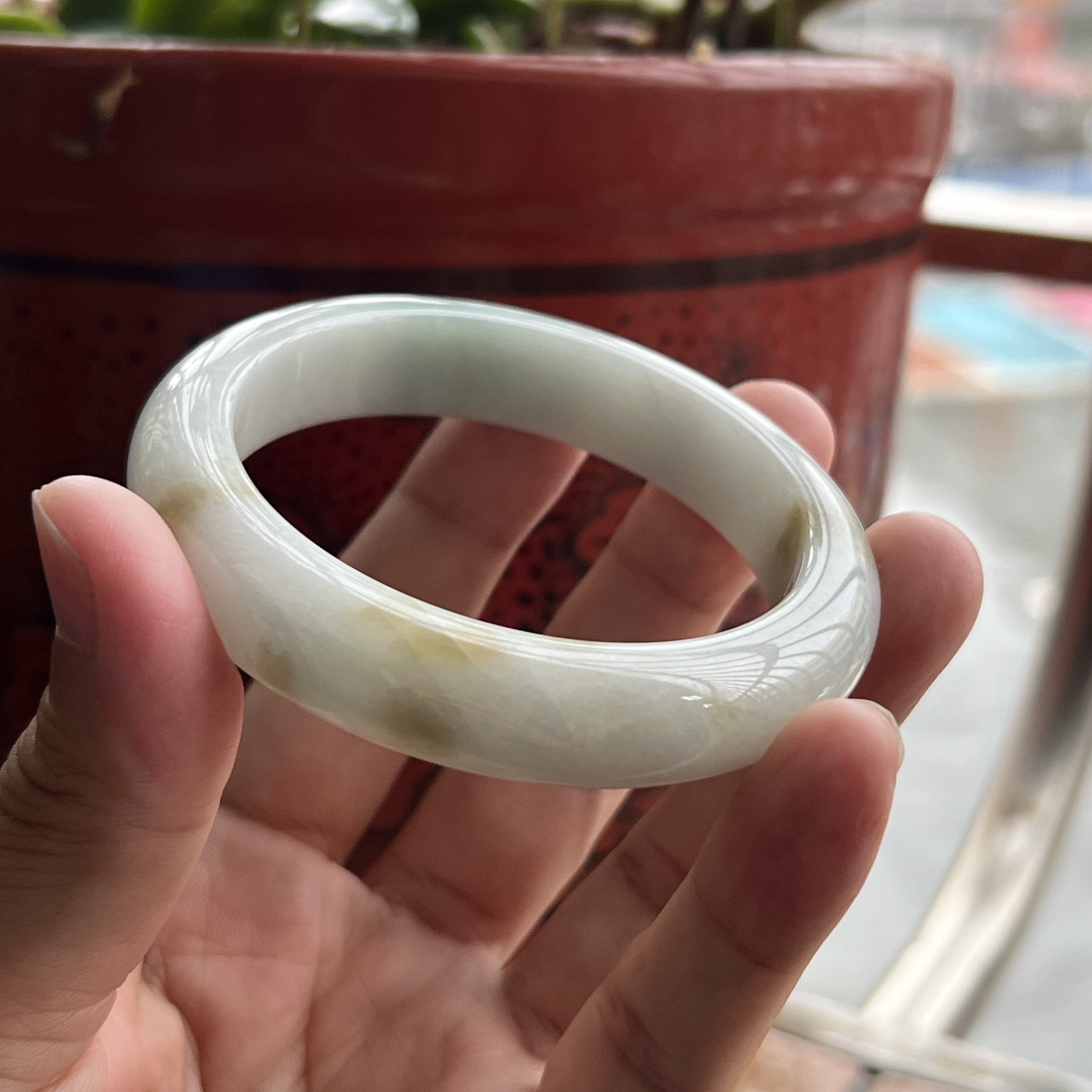 09090881 天然A货翡翠手镯正品保真56-13-9白底细腻带桂花糕有纹