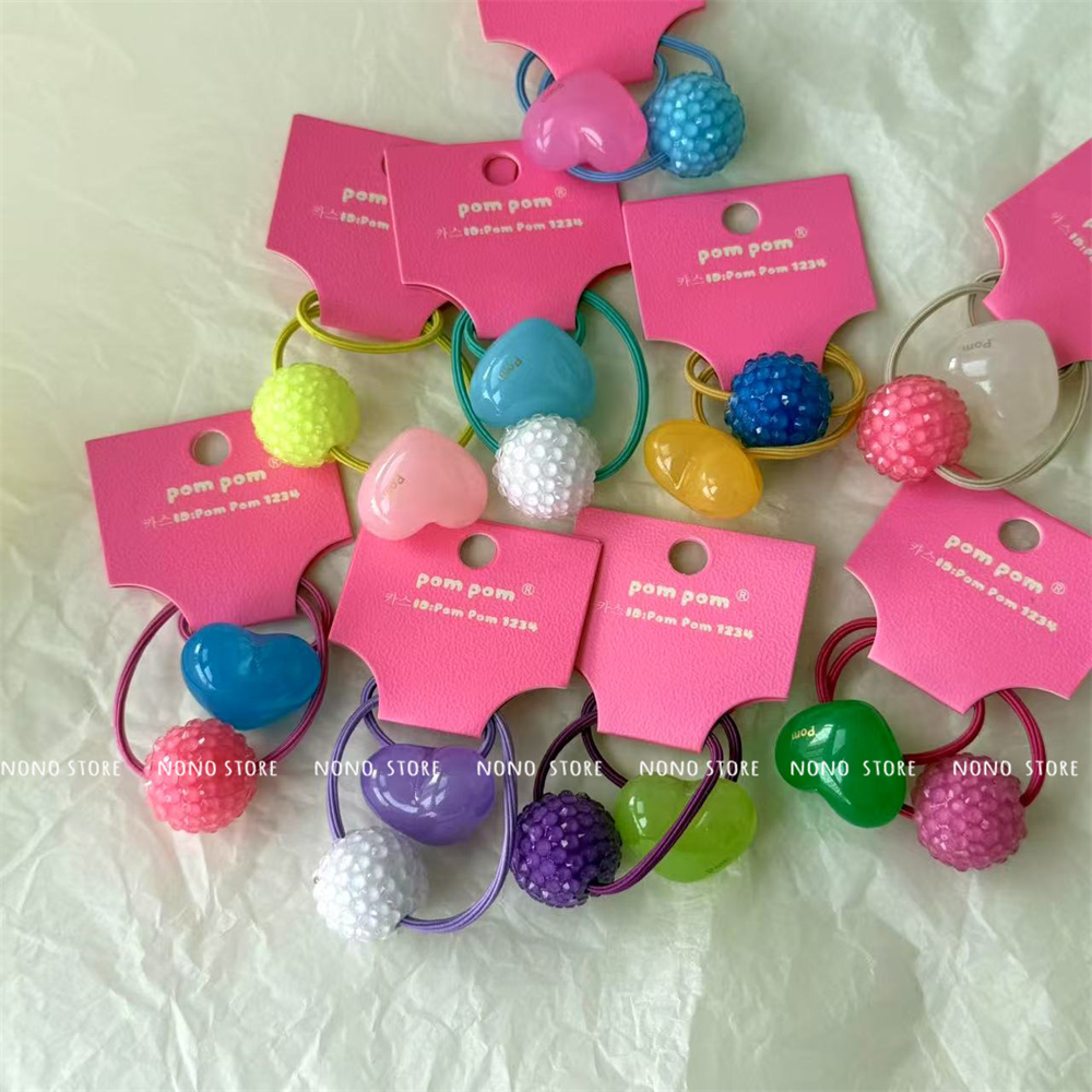 【现货】韩国pompom25春款儿童发饰彩色砂糖球球爱心亚克力发圈