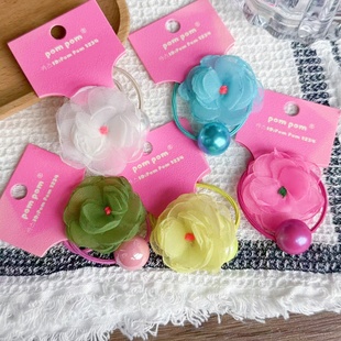 【现货】韩国PomPom进口儿童发饰网纱盘花球球发绳甜美花朵发圈