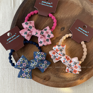 现货~pompom韩国进口刺绣蝴蝶结马尾发绳皮筋儿童巨好看藕节发圈