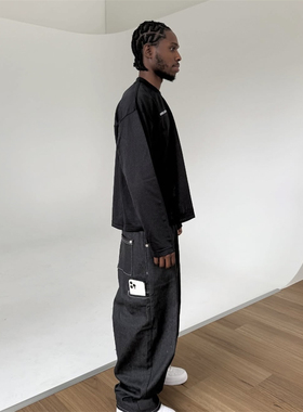 Sweats 做旧牛仔裤情侣宽松 DENIM BAGGY JEANS 黑色直筒长裤潮流
