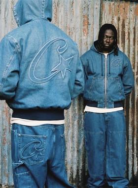 Corteiz 新款时尚百搭刺绣星星压纹蓝色牛仔裤男潮牌宽松直筒长裤