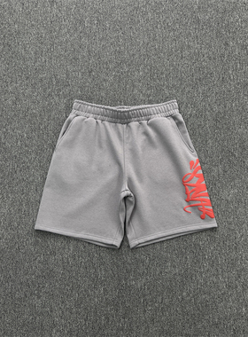 SYNA 夏季新款时尚百搭休闲男女款灰色面料橘红印花短裤潮牌宽松