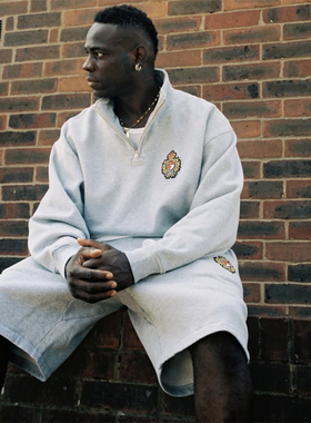 Corteiz 新款百搭皇家峰刺绣半拉链立领灰色卫衣短裤秋季痞帅套装