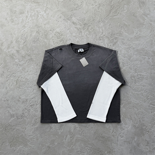 piece shirt Fake Mertra two 男女款 新款 long 寬松假兩件長袖