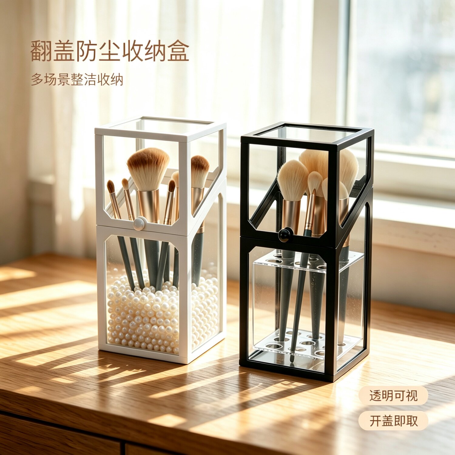 玻璃翻盖防尘大容量化妆刷收纳盒图片