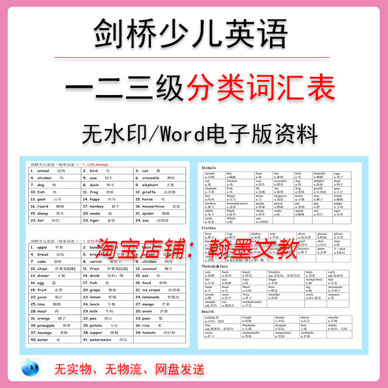剑桥少儿英语考试一级二级三级英语分类单词词汇表word电子版资料