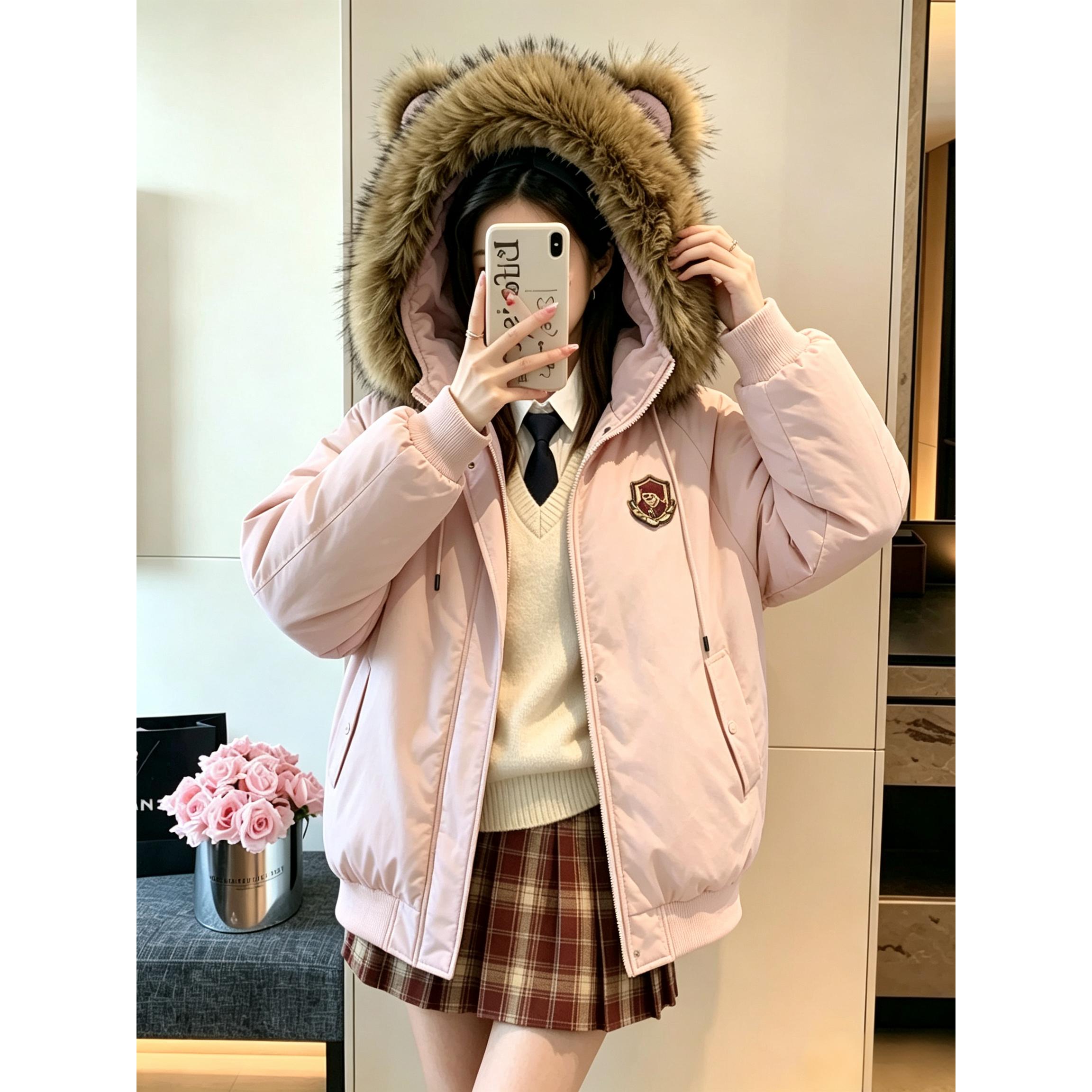 BEETLE TOWN趣味小熊毛领棉服女2026款秋冬季加厚保暖棉衣外套女图片