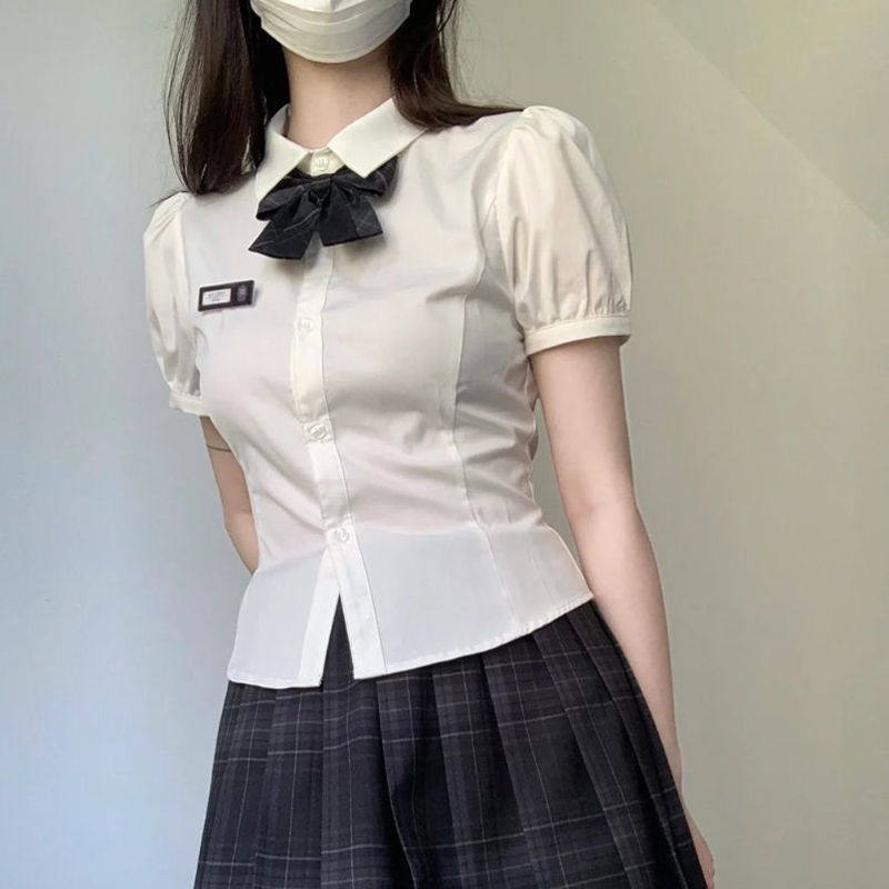 学院风JK制服日系白色短袖衬衫女甜美小众收腰衬衣法式泡泡袖上衣