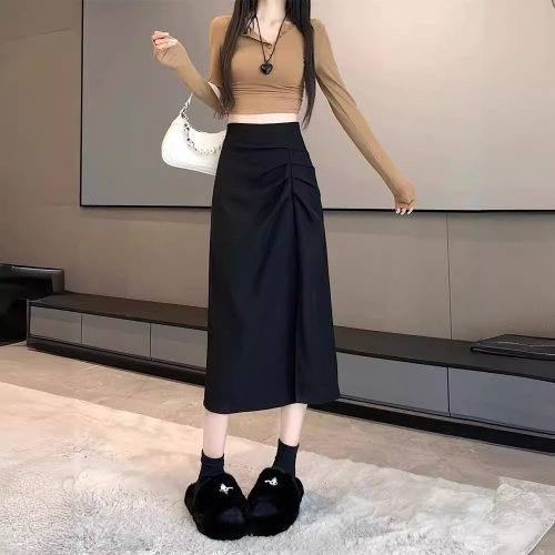黑色不规则褶皱开叉半身裙女夏季小个子高腰遮胯裙子a字裙中长裙