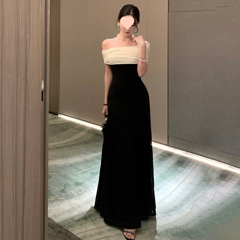法式感礼服2026黑白撞色拼接一字肩纯欲连衣裙黑色醋酸缎修身型无