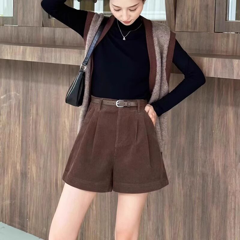 咖色高腰显瘦灯芯绒短裤女2023秋冬新款时尚韩版阔腿裤小个子靴裤