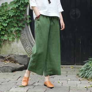 复古亚麻裤 棉麻阔腿裤 子九分裤 休闲裤 宽松高腰直筒裤 念家文艺女装