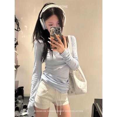 SUNONEONE 天丝羊毛长袖T恤女春夏新款纯色修身方领显瘦长袖上衣