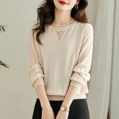 蕾丝洋气打底衫女士春秋季2025新款时尚针织t恤大码春装内搭上衣
