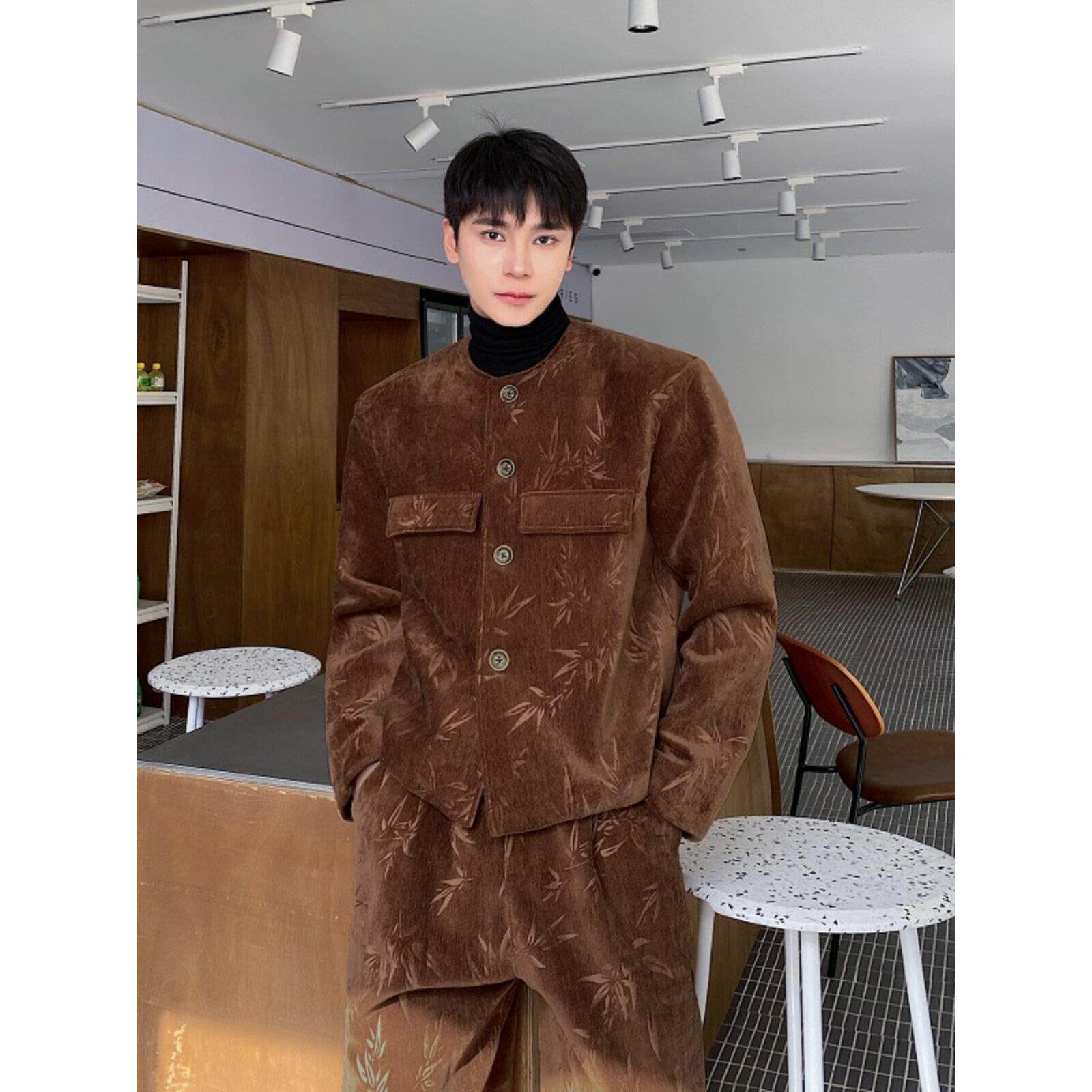 冬季新中式覆古老钱风加厚毛呢短款西服套装男雅痞提花气质两件套