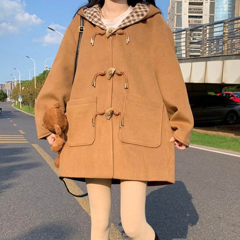速发初中高中学生连厚牛款扣大衣少秋冬新角韩系学院风加帽毛呢外