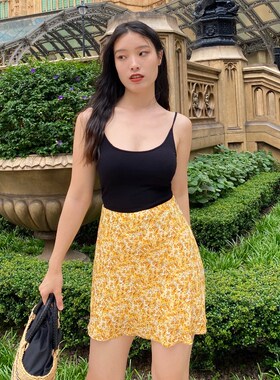 速发o碎  itch痒痒h黄色o花半身裙a字高腰印花短裙法式甜美裙子