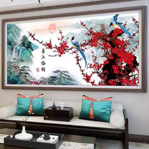 ll纯手工十字绣成品喜上眉梢喜鹊梅花新中式客厅装饰挂画绣好的带