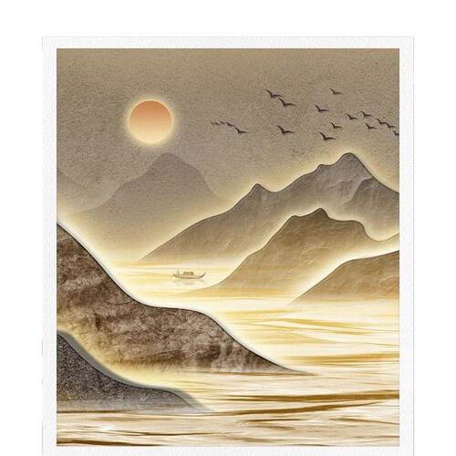 流水生财新中式迎客松客厅沙发背景墙装饰画背有靠山大气山水壁画