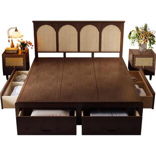 美复古实木藤编床一米八双人寂床架.主卧胡2203#胡桃色侘风15藤床