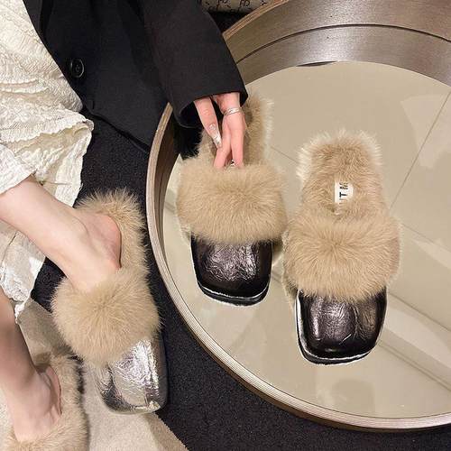 秋冬包头加绒防滑外穿毛绒棉拖