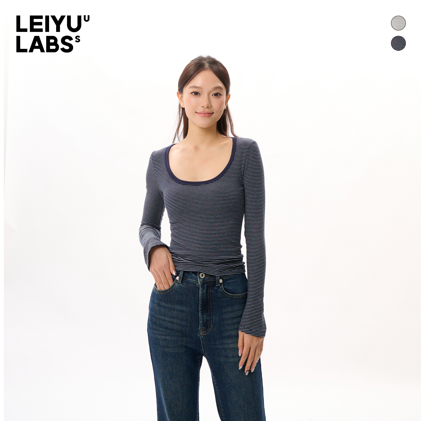 LEIYU LABS撞色条纹针织U领T恤女2025年冬季新款喇叭袖打底衫上衣