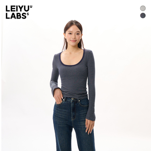 打底衫 LEIYU 喇叭袖 新款 上衣 LABS撞色条纹针织U领T恤女2025年冬季