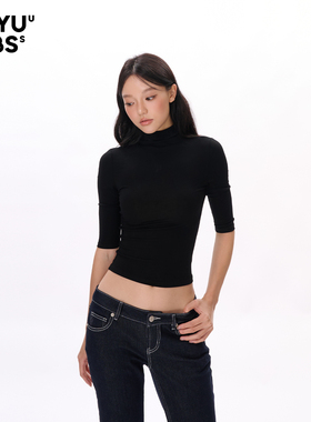 LEIYU LABS半高领针织中袖T恤女秋装2025欧美ins紧身辣妹高腰上衣