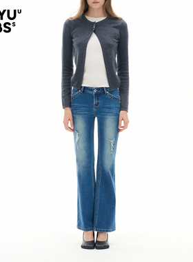 LEIYU LABS破洞设计感中低腰9分直筒牛仔裤春2026年新款复古长裤