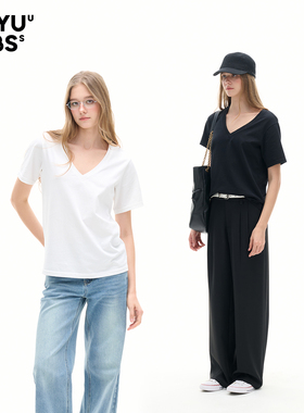 LEIYU LABS纯棉宽松V领短袖T恤女2026年春季新款透气显瘦纯色上衣