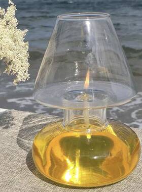 北欧风手工玻璃油灯欧式装饰家居烛台摆件带灯罩防风酥油灯