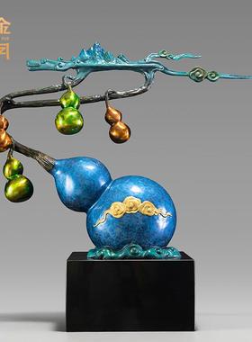 蟠龙送福黄铜葫芦铜工艺品蟠龙葫芦家居装饰柜彩铜器摆件