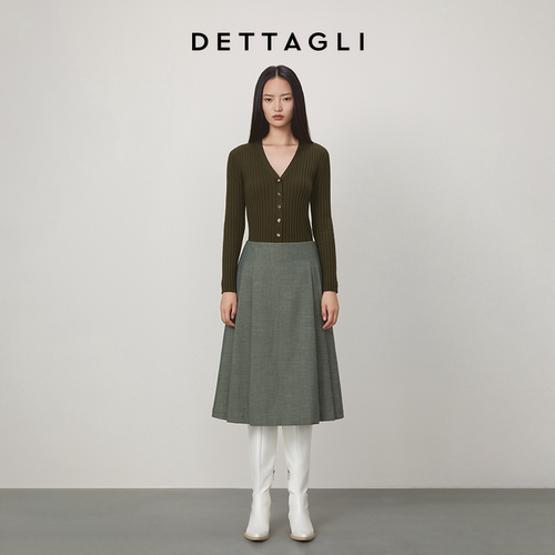 DETTAGLI/迪塔丽LORO*PIANA打褶直筒裙羊毛亚麻真丝半身裙女