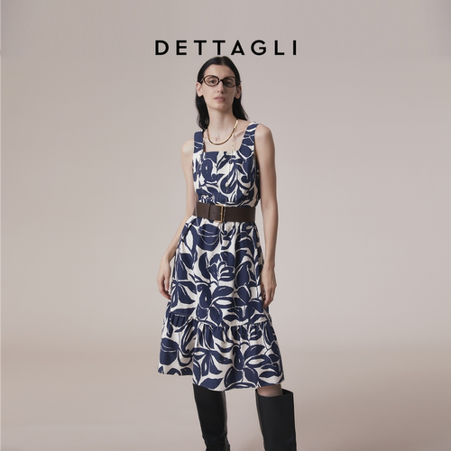 Dettagli秋季强捻棉质修身收腰植物印花无袖吊带连衣裙半裙伞裙