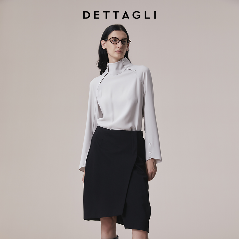 Dettagli/迪塔莉秋冬季新款立领醋酸时尚简约衬衫灰色白色上衣女