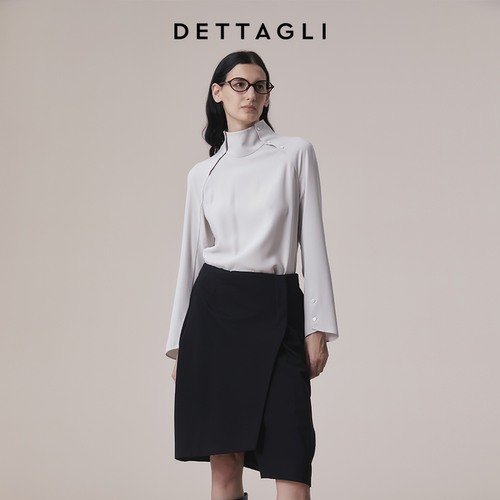 Dettagli/迪塔莉秋冬季新款立领醋酸时尚简约衬衫灰色白色上衣女