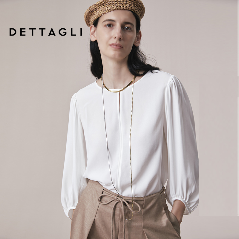 Dettagli/迪塔莉醋酸秋季衬衫薄款气质白色灰色圆领宽松上衣女
