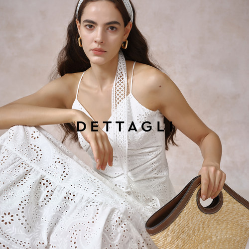 Dettagli/迪塔莉休闲白色系v领绣花度假老钱风无袖吊带连衣裙长裙