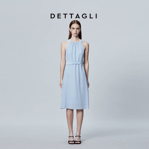 Dettagli/迪塔莉新款圆领时尚桑蚕丝蓝色度假收腰吊带连衣裙女