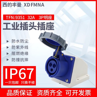 西的丰曼工业明装插座TFN-9351单相3孔2P+E/32A/220V防水插座IP67
