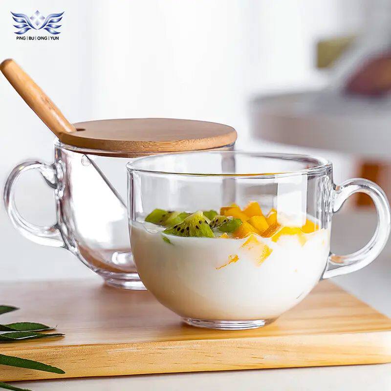 耐高温热玻璃麦片早餐杯可微波大容量马克杯燕麦碗带盖勺牛奶杯子